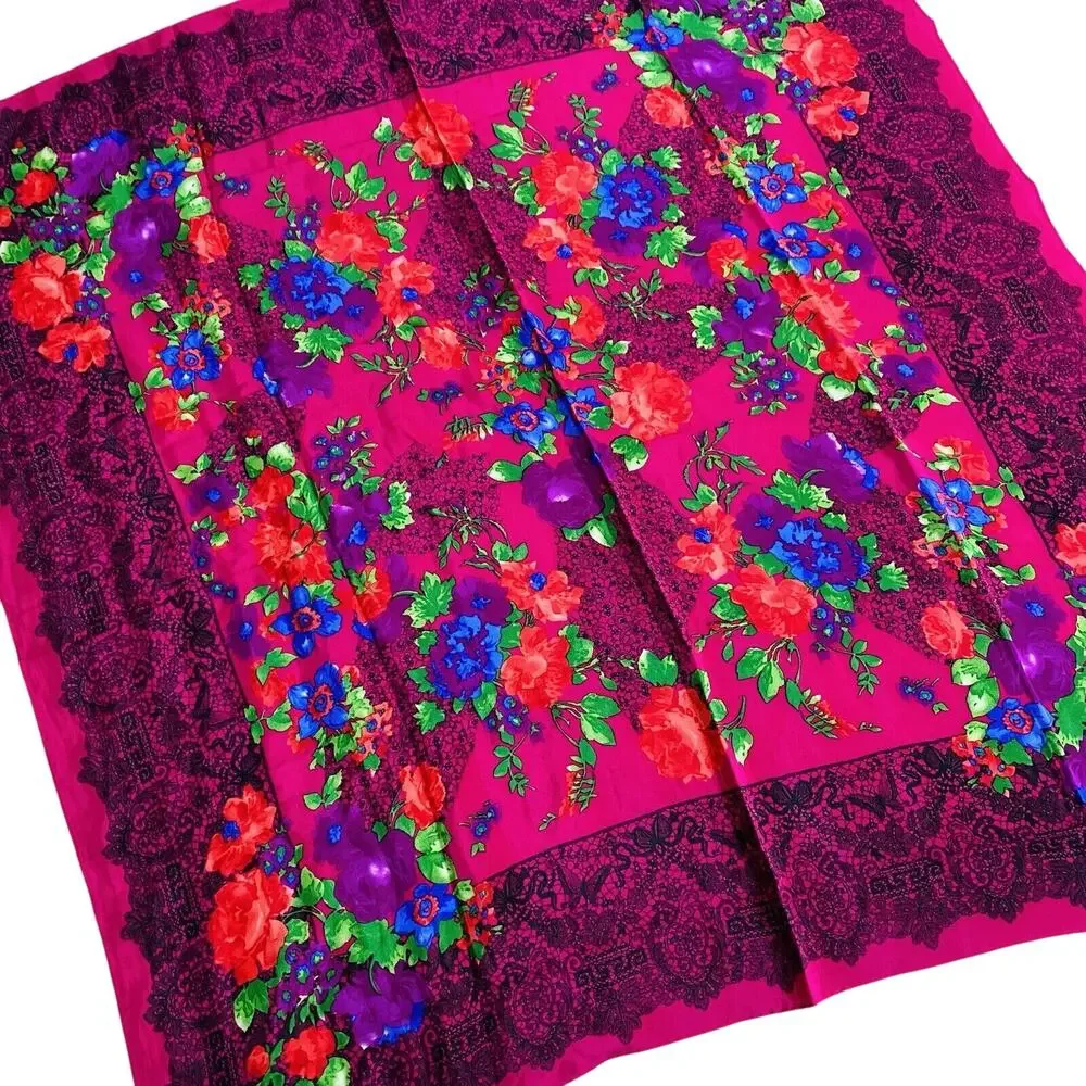 Vintage Liz Claiborne Designer Silk Scarf Lace Print Floral Design Gem Tones